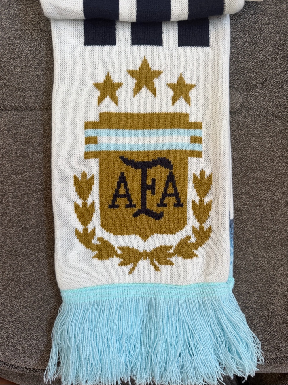 adidas AFA Crest Knit Scarf in White, Light Blue & Gold